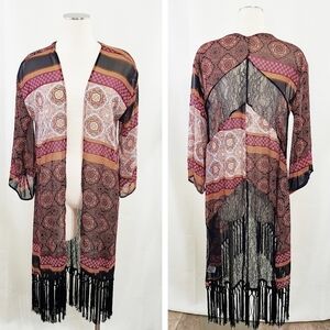 ASTR sheer kimono duster fringe black lace red orange pink blue size small